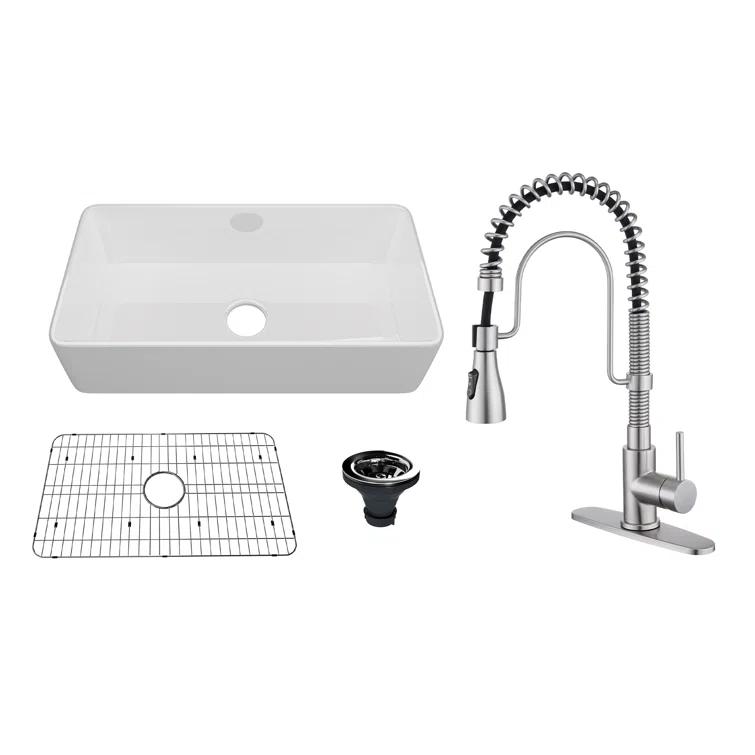 CASAINC Single Bowl White Fireclay Farmhouse Kitchen Sink With Faucet Included