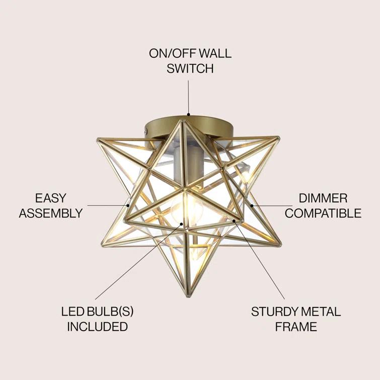Everly Quinn 12" Moravian Star Metal/Clear Glass LED Flush Mount, Gold/Clear