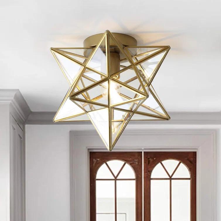 Everly Quinn 12" Moravian Star Metal/Clear Glass LED Flush Mount, Gold/Clear