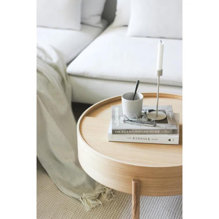 White Pigmented Ash Round Coffee Table with Hidden Storage