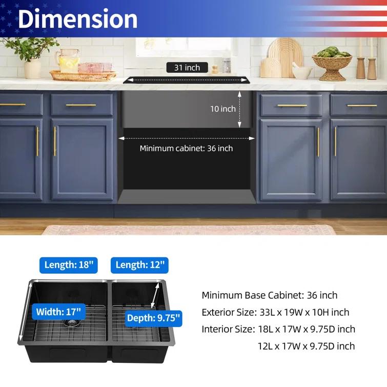33'' L Undermount Double Bowl Stainless Steel Kitchen Sink