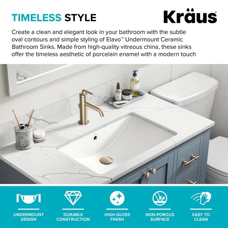 KRAUS Elavo. Rectangular Porcelain Ceramic Undermount Bathroom Sink In White With Overflow Drain, KCU-243