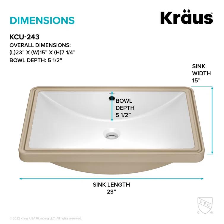 KRAUS Elavo. Rectangular Porcelain Ceramic Undermount Bathroom Sink In White With Overflow Drain, KCU-243