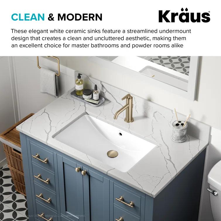 KRAUS Elavo. Rectangular Porcelain Ceramic Undermount Bathroom Sink In White With Overflow Drain, KCU-243