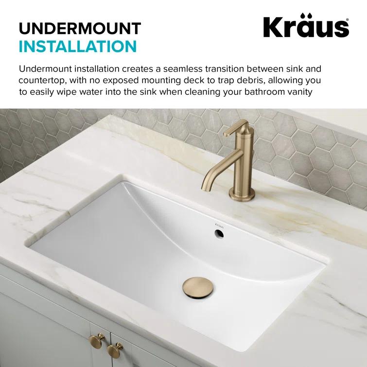 KRAUS Elavo. Rectangular Porcelain Ceramic Undermount Bathroom Sink In White With Overflow Drain, KCU-243