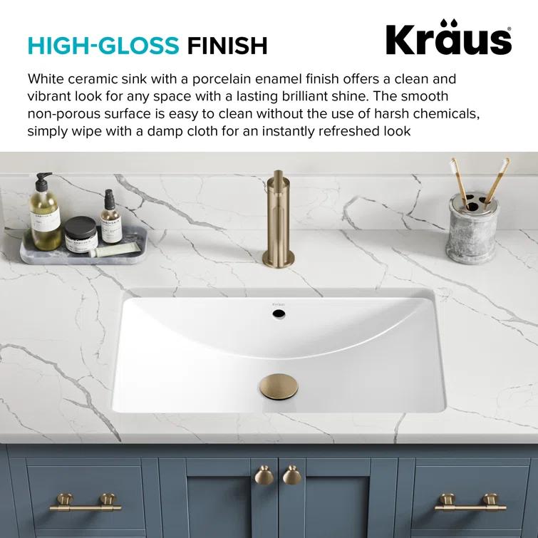 KRAUS Elavo. Rectangular Porcelain Ceramic Undermount Bathroom Sink In White With Overflow Drain, KCU-243