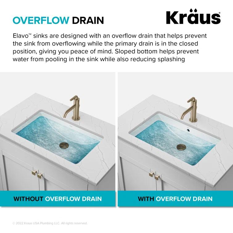KRAUS Elavo. Rectangular Porcelain Ceramic Undermount Bathroom Sink In White With Overflow Drain, KCU-243