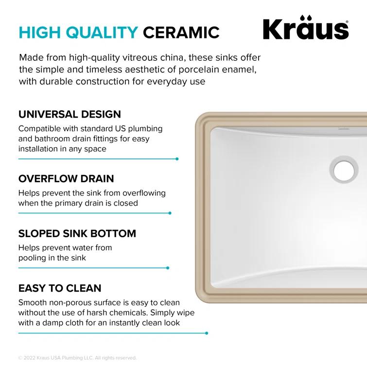 KRAUS Elavo. Rectangular Porcelain Ceramic Undermount Bathroom Sink In White With Overflow Drain, KCU-243
