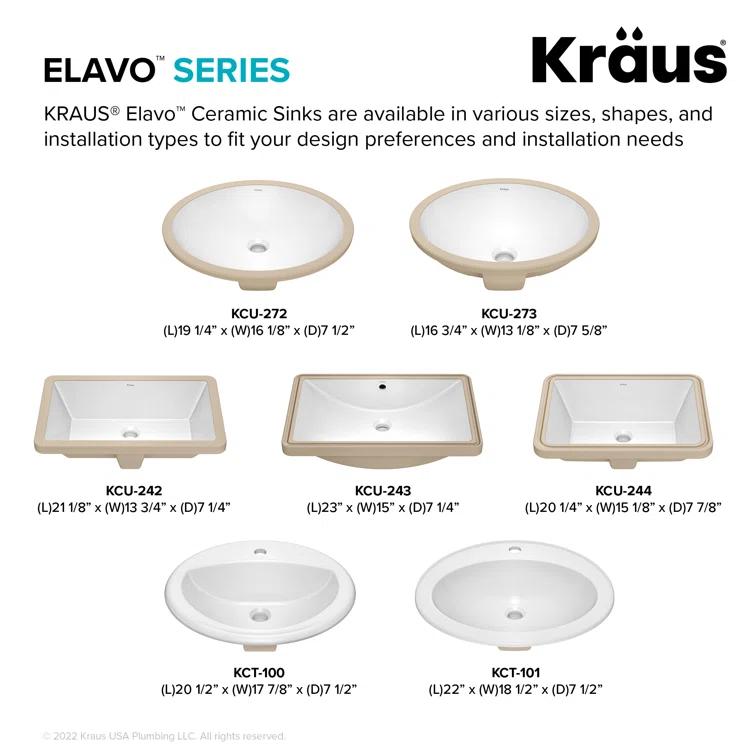 KRAUS Elavo. Rectangular Porcelain Ceramic Undermount Bathroom Sink In White With Overflow Drain, KCU-243