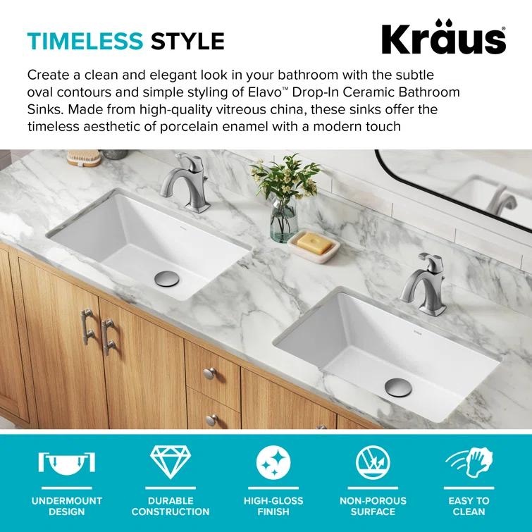 KRAUS Elavo. Rectangular Porcelain Ceramic Undermount Bathroom Sink In White With Overflow Drain, KCU-242