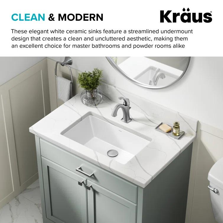 KRAUS Elavo. Rectangular Porcelain Ceramic Undermount Bathroom Sink In White With Overflow Drain, KCU-242