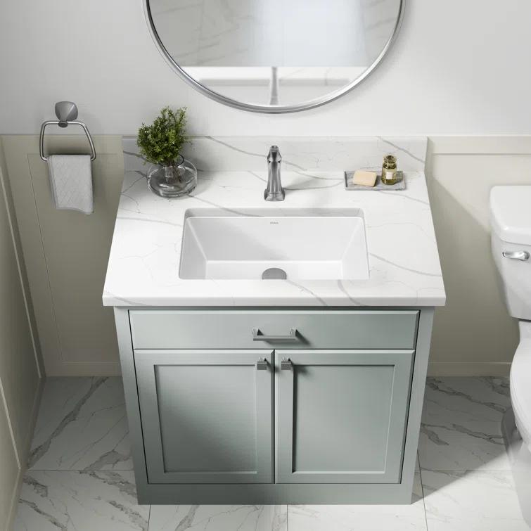 KRAUS Elavo. Rectangular Porcelain Ceramic Undermount Bathroom Sink In White With Overflow Drain, KCU-242