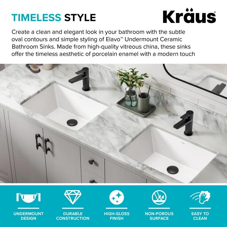 KRAUS Elavo. Rectangular Porcelain Ceramic Undermount Bathroom Sink In White With Overflow Drain, KCU-244