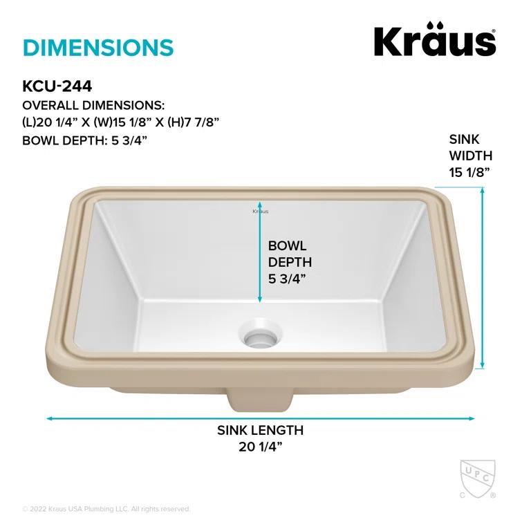 KRAUS Elavo. Rectangular Porcelain Ceramic Undermount Bathroom Sink In White With Overflow Drain, KCU-244
