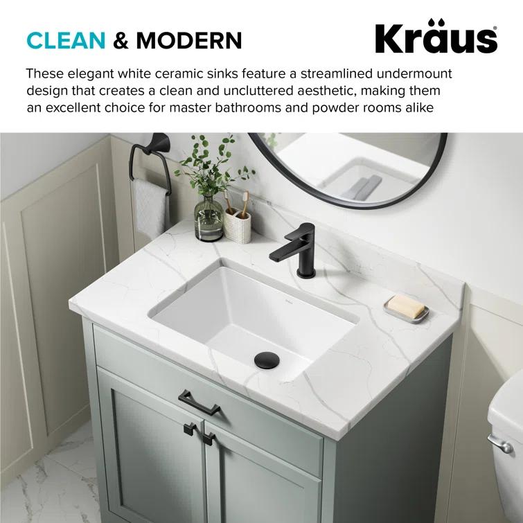 KRAUS Elavo. Rectangular Porcelain Ceramic Undermount Bathroom Sink In White With Overflow Drain, KCU-244