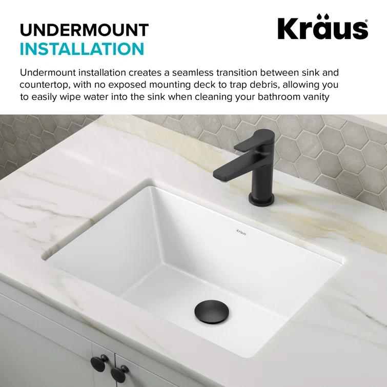 KRAUS Elavo. Rectangular Porcelain Ceramic Undermount Bathroom Sink In White With Overflow Drain, KCU-244