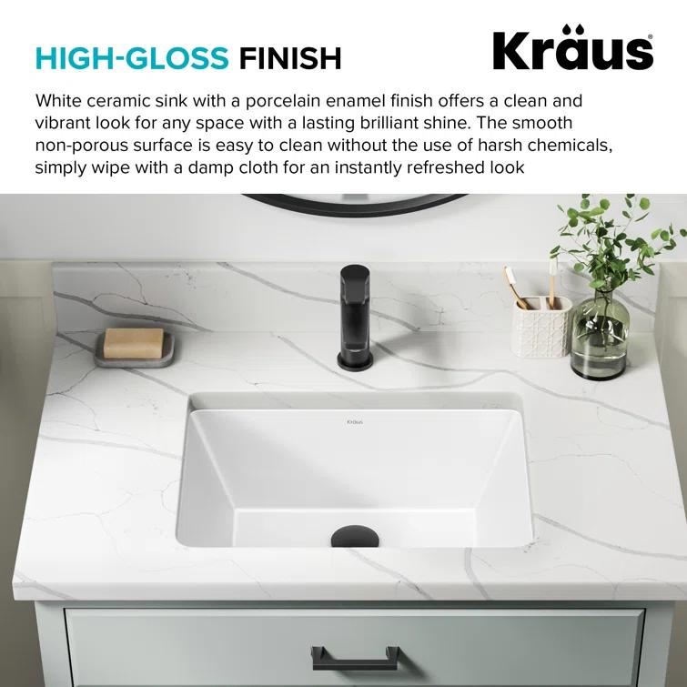 KRAUS Elavo. Rectangular Porcelain Ceramic Undermount Bathroom Sink In White With Overflow Drain, KCU-244