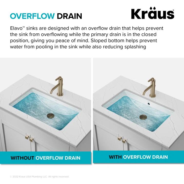 KRAUS Elavo. Rectangular Porcelain Ceramic Undermount Bathroom Sink In White With Overflow Drain, KCU-244