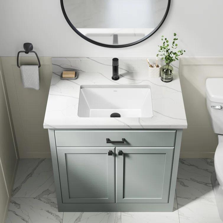 KRAUS Elavo. Rectangular Porcelain Ceramic Undermount Bathroom Sink In White With Overflow Drain, KCU-244