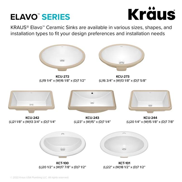 KRAUS Elavo. Rectangular Porcelain Ceramic Undermount Bathroom Sink In White With Overflow Drain, KCU-244