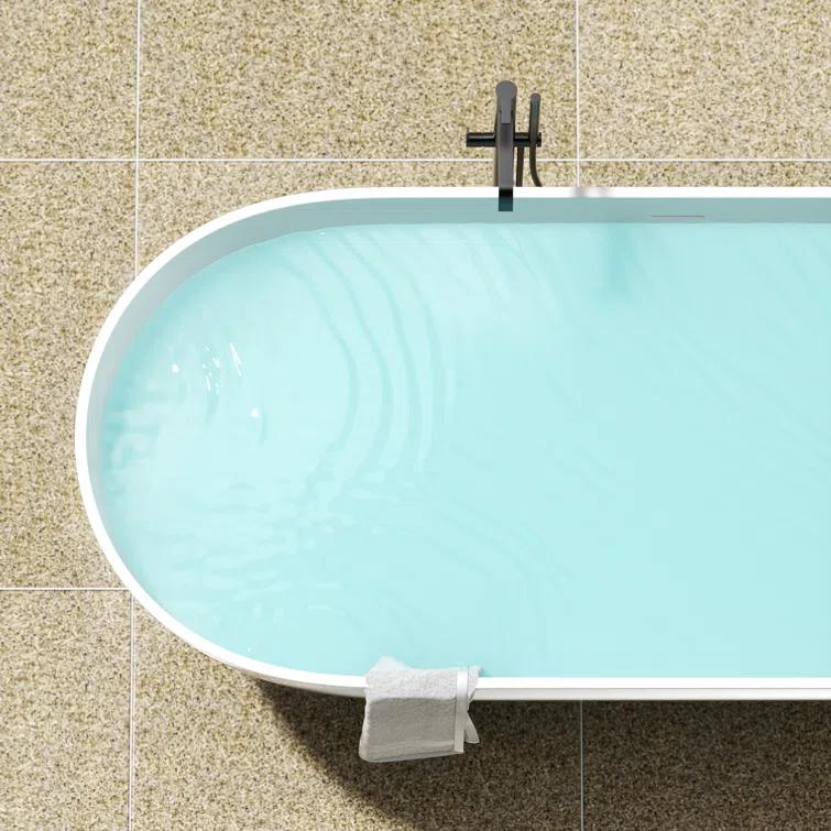 59" x 30" Freestanding Soaking Solid Surface Bathtub Stone Resin Bath Tub with Overflow and Pop-up Drain for Contemporary Bathroom, Glossy/Matte White