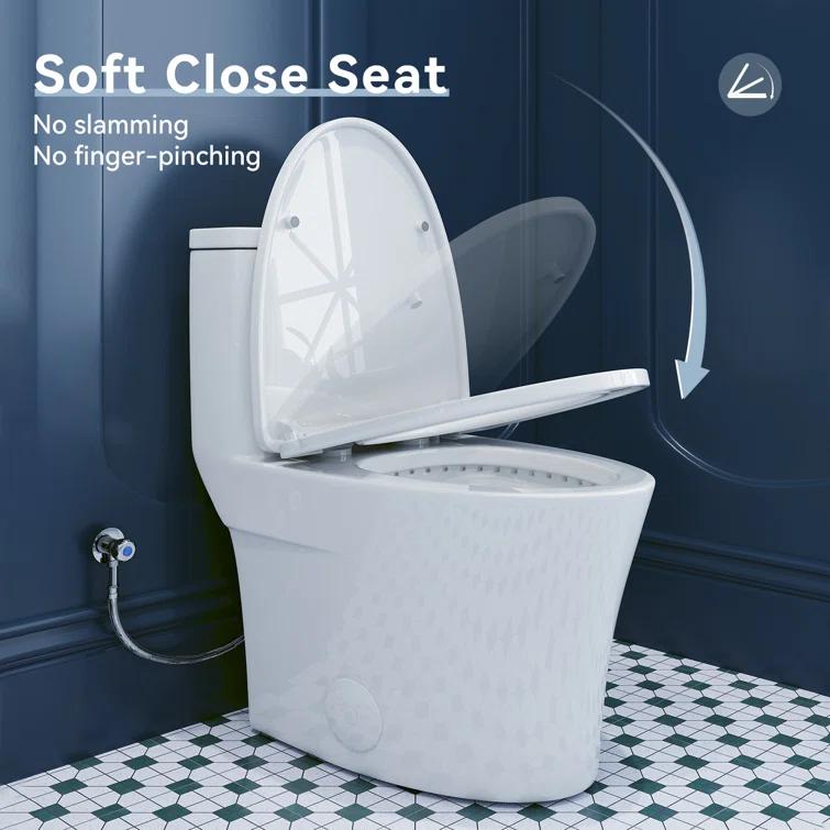 Elongated One-Piece Toilet, Compact Toilet with Soft-Close Seat, 1.1/1.6 GPF Powerful Dual-Flush Toilet for Bathroom