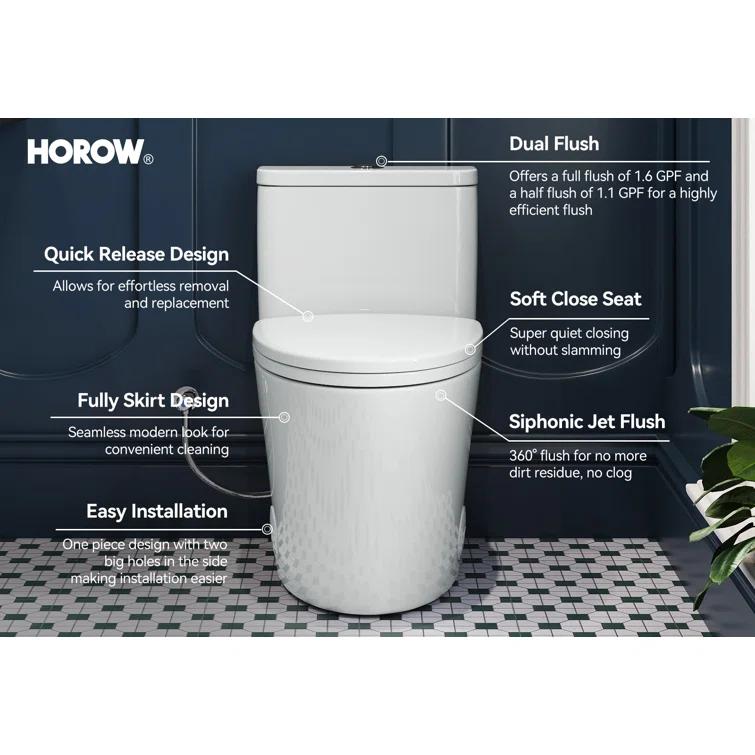 Elongated One-Piece Toilet, Compact Toilet with Soft-Close Seat, 1.1/1.6 GPF Powerful Dual-Flush Toilet for Bathroom