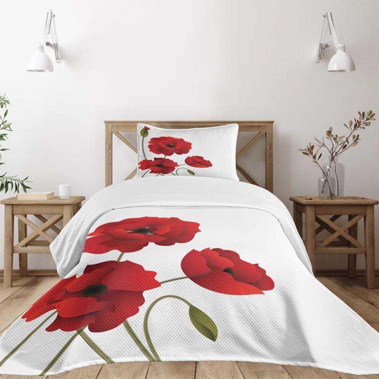 Ambesonne Ambesonne Floral Bedspread Set Flowers Petals and Buds Red Green