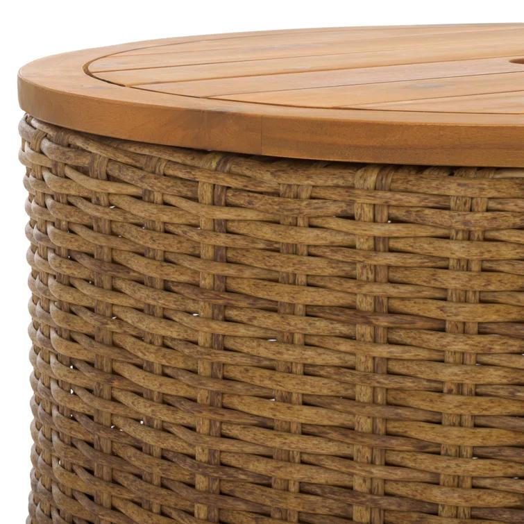 SAFAVIEH Couture Anguilla Outdoor Patio Round Wicker Coffee Table with Storage, Natural
