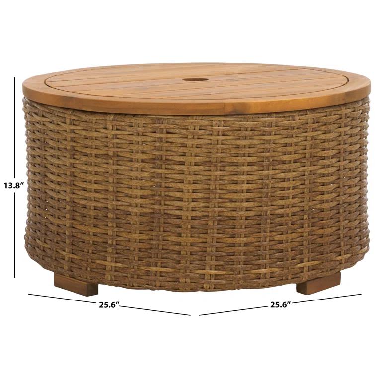 SAFAVIEH Couture Anguilla Outdoor Patio Round Wicker Coffee Table with Storage, Natural
