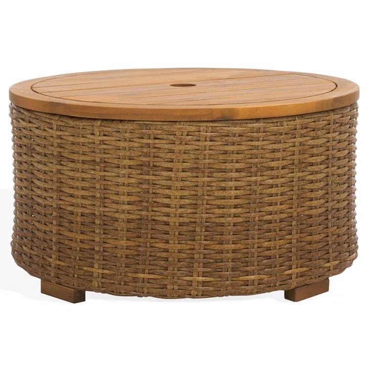 SAFAVIEH Couture Anguilla Outdoor Patio Round Wicker Coffee Table with Storage, Natural
