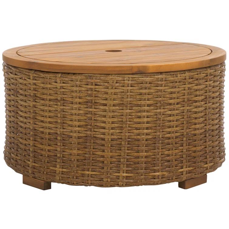 SAFAVIEH Couture Anguilla Outdoor Patio Round Wicker Coffee Table with Storage, Natural