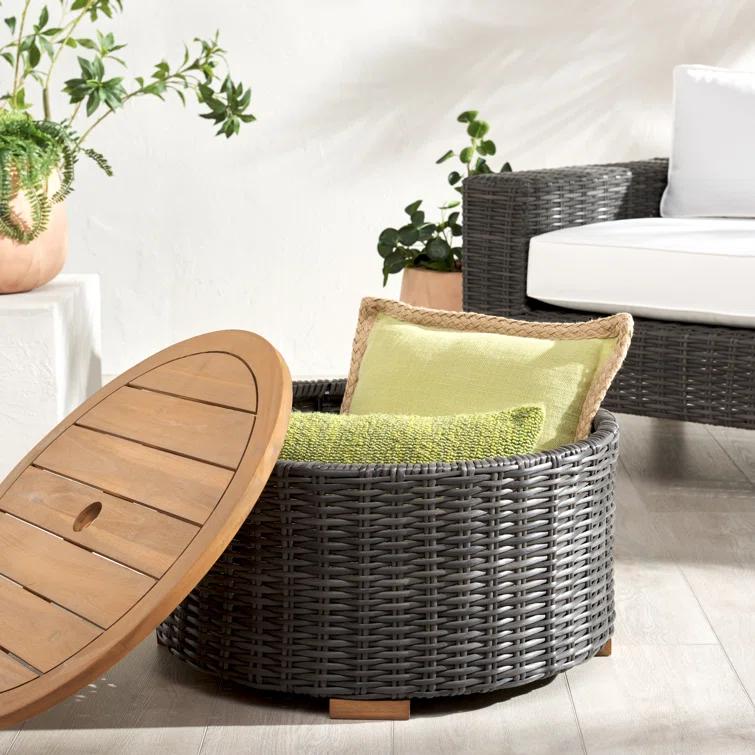 SAFAVIEH Couture Anguilla Outdoor Patio Round Wicker Coffee Table with Storage, Dark Grey