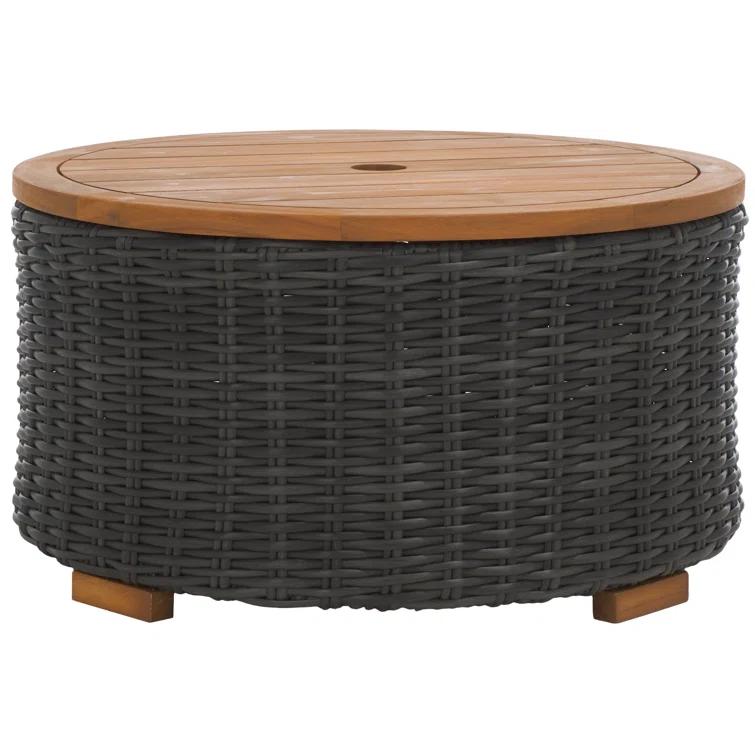 SAFAVIEH Couture Anguilla Outdoor Patio Round Wicker Coffee Table with Storage, Dark Grey