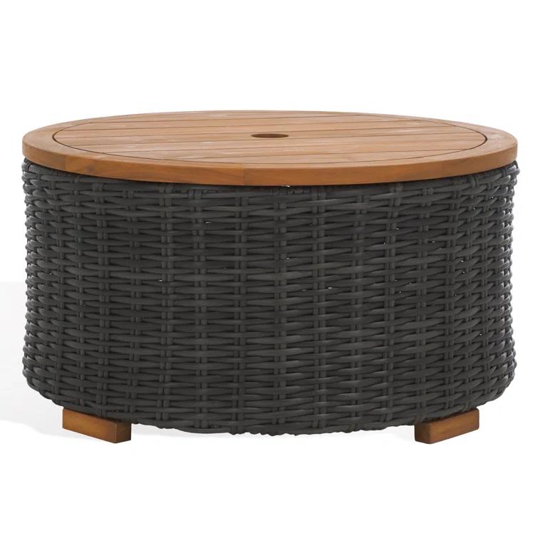 SAFAVIEH Couture Anguilla Outdoor Patio Round Wicker Coffee Table with Storage, Dark Grey