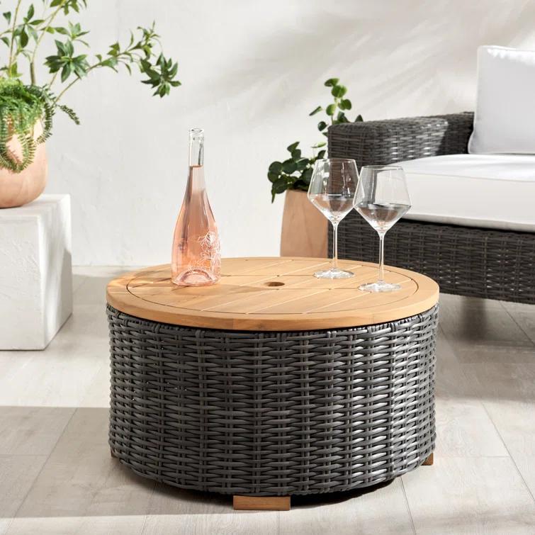 SAFAVIEH Couture Anguilla Outdoor Patio Round Wicker Coffee Table with Storage, Dark Grey