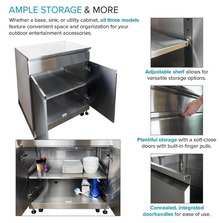 Transolid Outdoor Kitchen 24-in x 51-in Single Sink Cabinet, Folding Shelves, Stainless