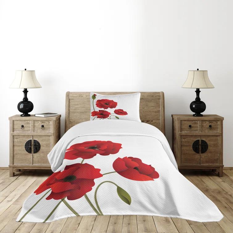 Ambesonne Ambesonne Floral Bedspread Set Flowers Petals and Buds Red Green
