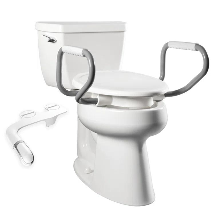 Bemis Assurance 3" Raised Toilet Seat with Handles and Bidet Attachment, Secure Hinges, Elongated, White 7YE85320H20 ARM
