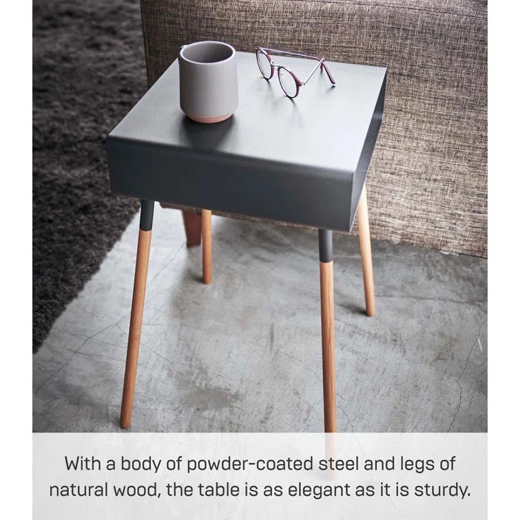 Yamazaki Home Tall Side Table With Storage Shelf, Rectangular Accent Bedside End Table, Steel + Wood