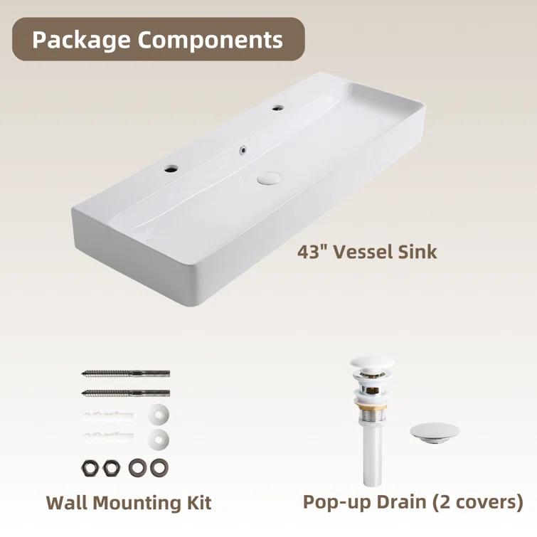 Los Flexi Los Flexi 43" x 16" Extra Large Trough Sink, Dual Faucet Holes, Wall-Mount Install, Pop-Up Drain WFLFBSTM04-01