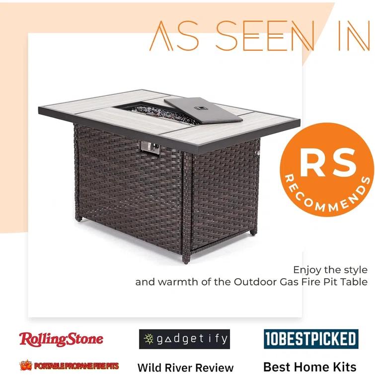 olilawn Olilawn Outdoor 43-Inch CSA Safety Approved Gas Fire Pit Table 50000 BTU Rectangle Propane Fire Pit with Ceramic Tile Top and Wicker Base