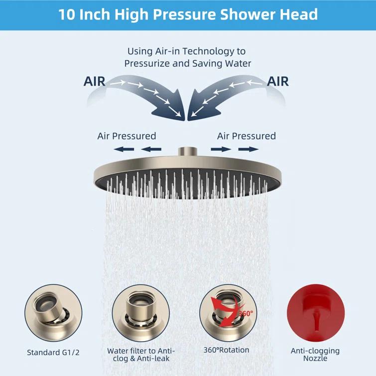 Self-cleaning 10" High Pressure Rainfall Shower Head with Hand Sprayer