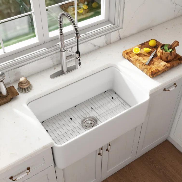 CASAINC Single Bowl White Fireclay Farmhouse Kitchen Sink With Faucet Included