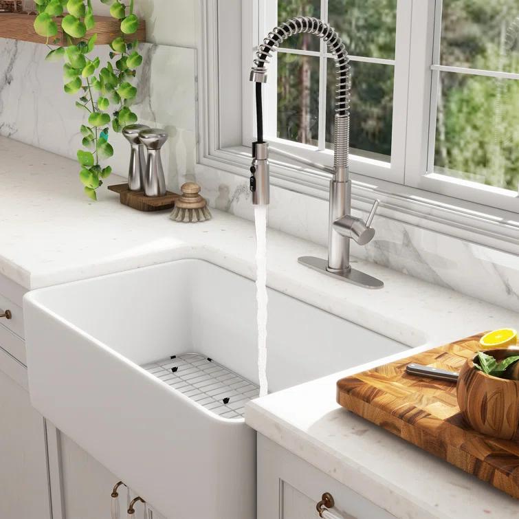 CASAINC Single Bowl White Fireclay Farmhouse Kitchen Sink With Faucet Included