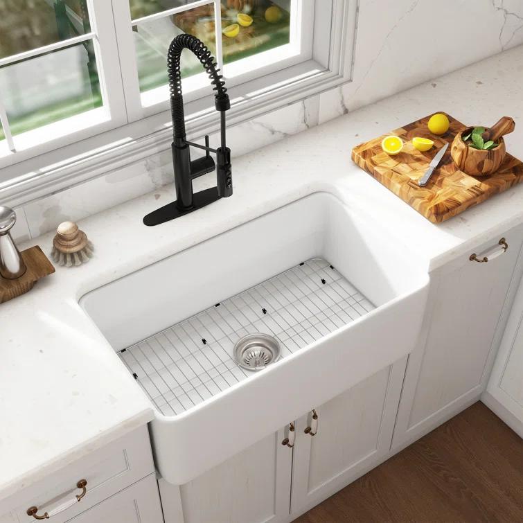 CASAINC Single Bowl White Fireclay Farmhouse Kitchen Sink With Faucet Included