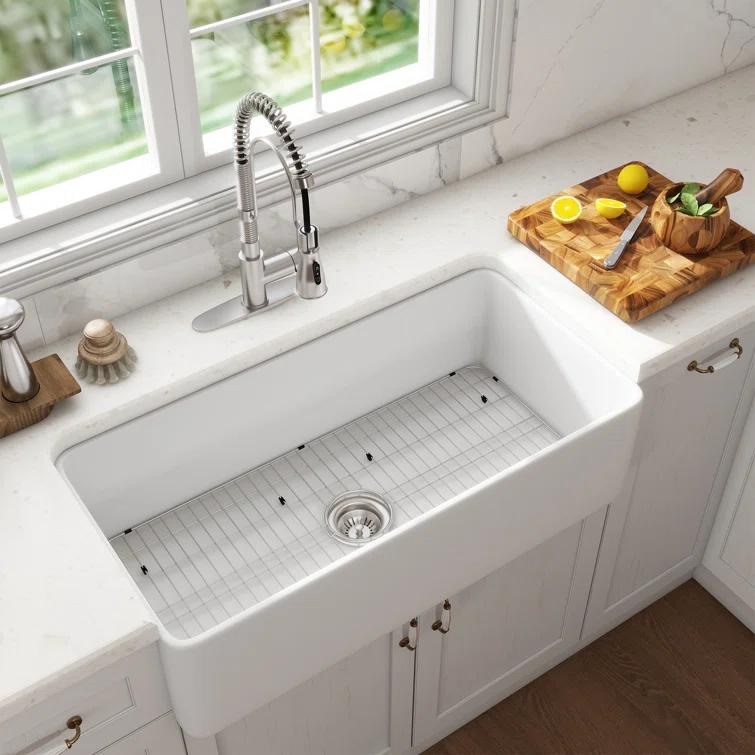 CASAINC Single Bowl White Fireclay Farmhouse Kitchen Sink With Faucet Included