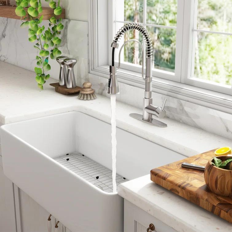 CASAINC Single Bowl White Fireclay Farmhouse Kitchen Sink With Faucet Included