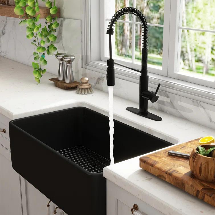 CASAINC Single Bowl Black Fireclay Farmhouse Kitchen Sink With Faucet Included
