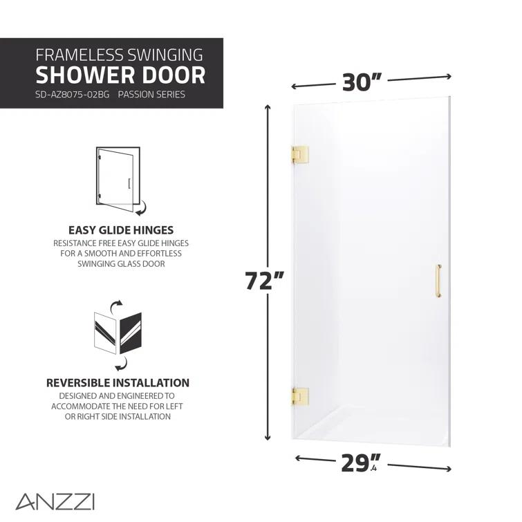 ANZZI Fellow Series 30 In. X 72 In. Frameless Hinged Shower Door With Stainless Steel Handle In Brushed Gold